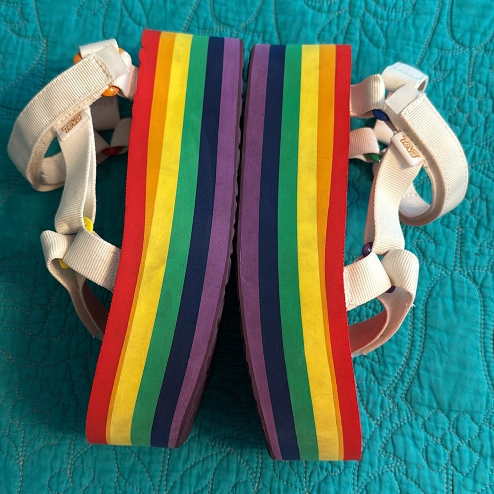Teva Platform Sandals with Rainbow Sole and White Straps - Picture 4 of 7
